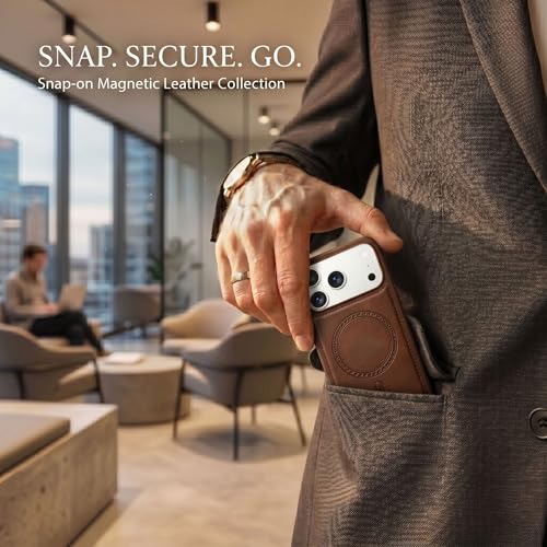 Image of amazon basics Premium PU Leather Case for iPhone 17 Pro, MagSafe Compatible Magnetic Ring, Sleek Protective Back Cover - [Brown]