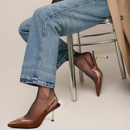 Pasuot Slingback Heels for Women - Brown Closed Toe Stiletto Metallic Heel, Pointed Toe Patent Leather Thin High Heeled Sandals for Women Ladies Dress Formal Office 3.1", Not for Wide Feet Size 83