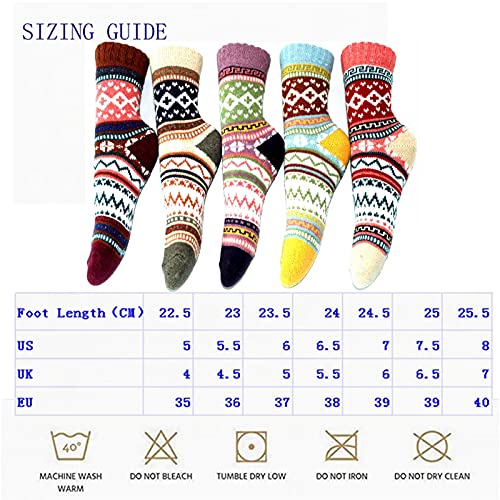 JUNAN 5Pairs Ladies thermal Winter socks, Womens Thick Knitting Warm & comfy Wool Crew Vintage Style Sock (G-multicor)3
