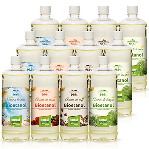 KieselGreen Bioetanol 12 x 1 litro con Fragancia para Chimenea de Etanol, Muchas Variedades – Bioalcohol como Fragancia de Ambiente – Estufas de Bioetanol, Biochimenea Etanol, Ethanol