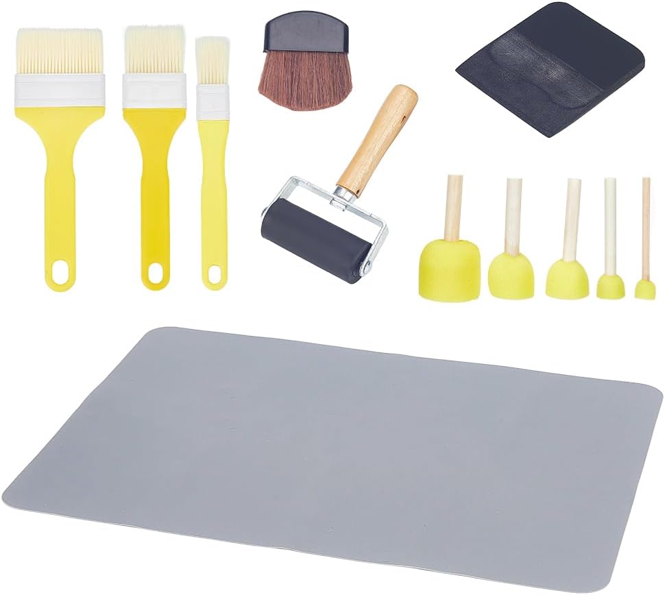 NBEADS 15 Pcs Decoupage Kit, Essential Decoupage Tools with 5 Pcs Sponge Bruch Silicone Mat Rubber Brayer Roller Plastic Scraper Fiber Paint Brush Blush Brush for DIY Arts and Crafts Projects