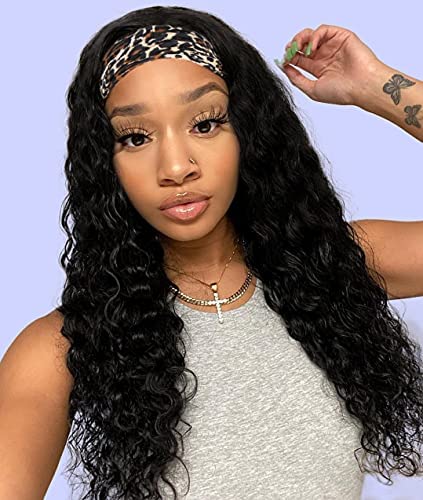 FAERYLE Synthetic Headband Wig, 18" Curly Headband Wigs for Black Women - Black Wig with Headband Attached