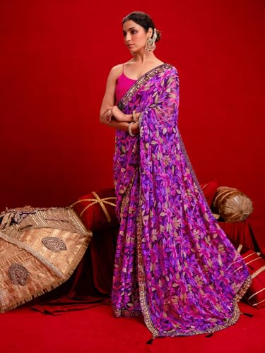 Image of SIRIL Women's Chiffon Printed Saree With Unstitched Blouse Piece