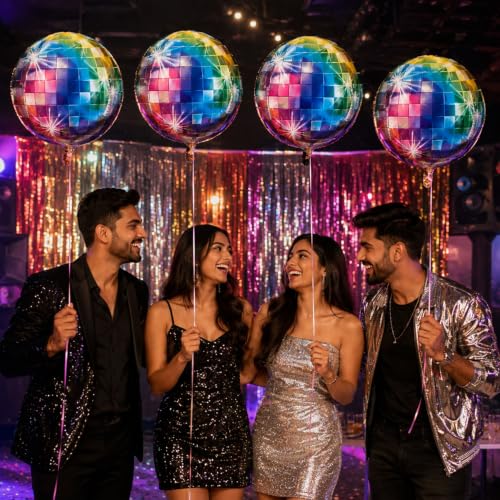 Image of Party Propz Disco Party Decorations - 4Pcs Multicolor Disco 4D Foil Balloon Decoration Kit Foil Balloons for Birthday Decoration, Disco Party, Anniversary, Bachelorette & Party Decorations (Foil)