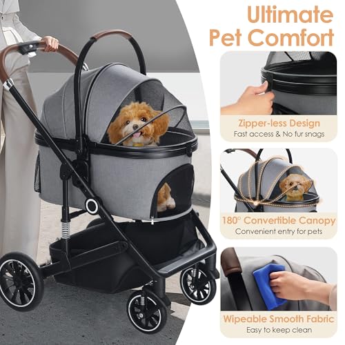 TODEFULL Pet Stroller with 4 Wheels, 3 in 1 Folding Puppy Strollers for Small/Medium Dogs Cats up to 50lbs, Lightweight Pet Travel Carrier with Detachable Cushion, Storage Basket and Cup Holder, Gray - Image 5