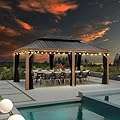 PURPLE LEAF 12' X 18' Outdoor Hardtop Gazebo for Patio Galvanized Steel Double Roof Permanent Canopy Teak Finish Coated Aluminum Frame Pavilion Gazebo with Netting and Lights