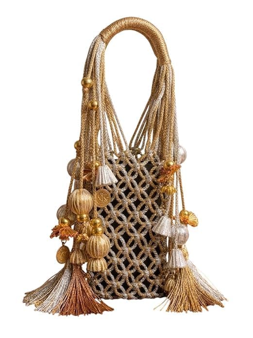 hemzex Macrame Woven Bucket Bag | Handmade Handbag with Tassel & Bead Detailing | Boho Ethnic Style for Women (Gold, Silver)-picture-28