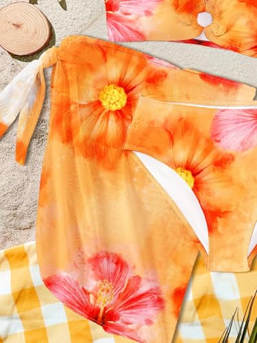 Image of RoseSeek Girls 3 Piece Bikini Set with Beach Skirt Floral Leopard O-Ring Padded Swimsuit for Teen Girls