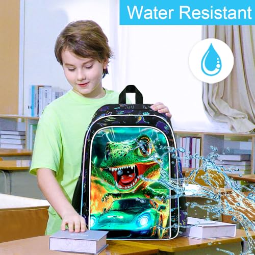 Image of 16 inch Dinosaur Backpack for Boy, 3Pcs Cars Bookbag with Lunch Box, Kids School Backpacks for Elementary Preschool Kindergarten (Black)