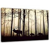 Feeby Bild auf Leinwand Hirsch Wald Nebel XXL 100x70 cm 