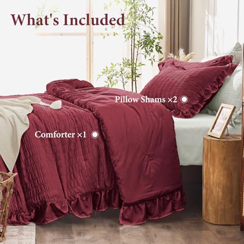 Image of JOLLYVOGUE King Size Comforter Set, 3 Pieces Burgundy Seersucker Comforters King Size, Lightweight & Fluffy Bedding Sets King for All Season with 1 Ruffle Comforter and 2 Ruffle Pillowshams