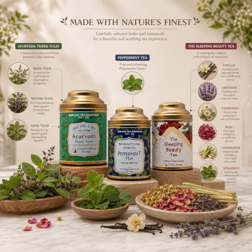 Image of Sancha Tea Boutique, Caffeine-Free Herbal Tea Bundle, Peppermint, Sleeping Beauty & Tulsi Herbal Tisanes, Eco-Friendly Biodegradable Pyramid Tea Bags, Value Pack