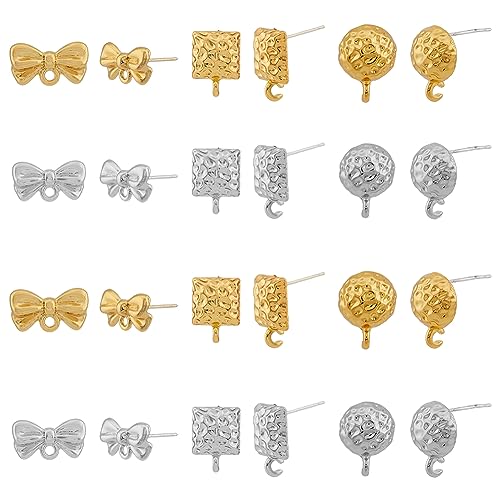 DICOSMETIC 48Pcs 3 Styles Geometric Textured Stud Earring Set Trendy Half Round Bowknot Rectangle Earring Post Gold and Platinum Alloy Findings with Open Loop for DIY Earring Jewelry Making