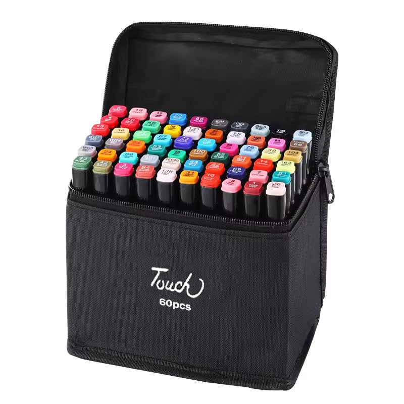 Image of 60-Pcs Dual Tip Alcohol Markers Set - Professional Art Markers For Drawing, Sketching & Calligraphy With 60 Shades, Brush Pens & Fine-tip Markers For Adult Coloring, Painting And Illustrations