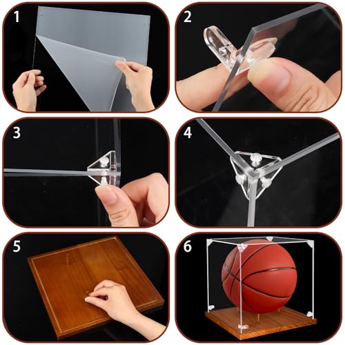 Image of Hooqict Basketball Display Case Acrylic Clear 10 inch Full Size with Solid Wood Base UV Protected Basketball Holder Display Stand Case Square Box for Sports Collections Autographed Ball Memorabilia Gifts