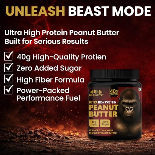 Image of Growfitz All Natural 40g High Protein Peanut Butter 800 Gram | Smooth, Unsweetened | Gluten & Cholesterol Free | 10g Fiber, Nut Butter | 100% Pure Roasted peanuts butter | Zero Trans Fat, Zero Sugar (800 Gram - Pack of 3)