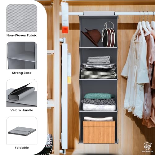 Image of MY ARMOR Hanging Shelf Cloth Storage Organizer, Universal Fit Hanging Closet Organizer for Wardrobe, 10 x 12 x 35 Inches (Grey, 4 Tier Shelf Pack of 2)