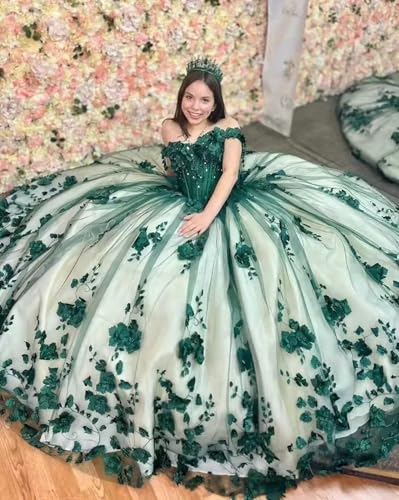 Zhangyo 3D Flowers Quinceanera Dresses with Bow Floral Beaded Sweet 15 16 Dresses with Train Off Shoulder Puffy Ball Gown2