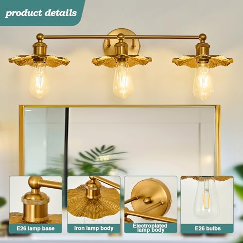 Image of ZGLAOJT 3 Light Vintage Vanity Light Gold Bathroom Light Fixtures Over Mirror.