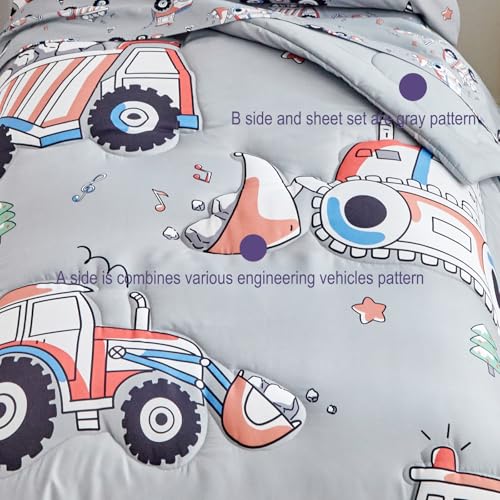 Image of Construction Toddler Bedding Set for Boys,4 Pieces Gray Toddler Comforter Set,Truck Vehicles Excavator Cars Printed,Soft Crib Bed Sheets Set Includes Comforter,Flat Sheet,Fitted Sheet and Pillowcase