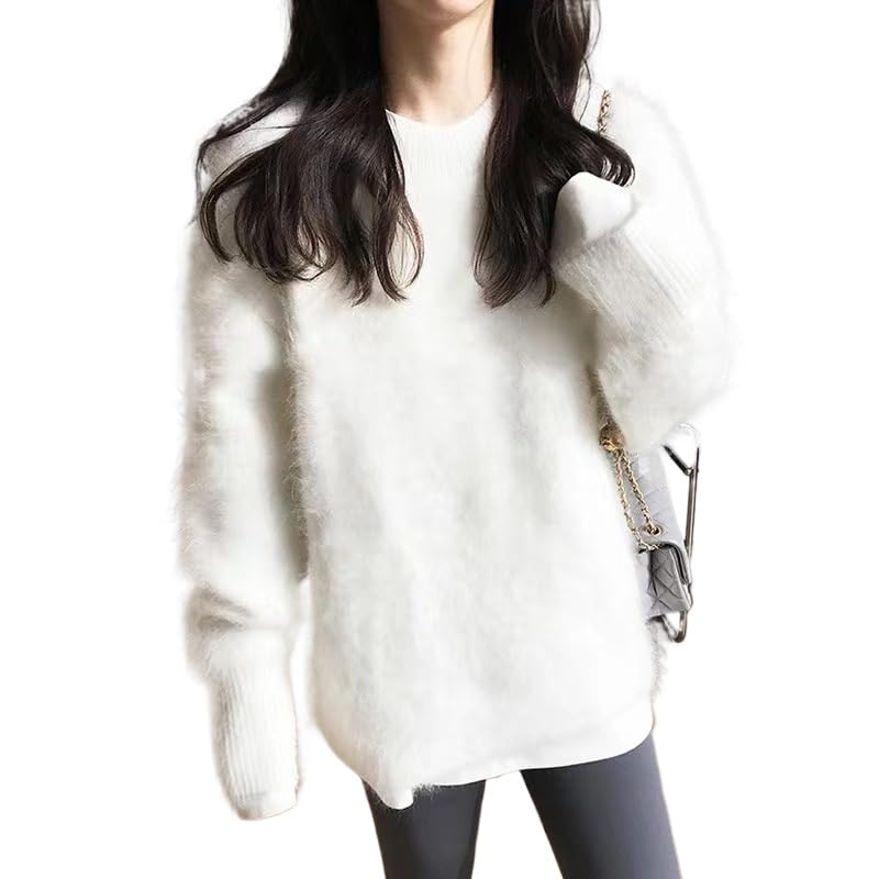 Chunky Sweater Women Crewneck Cozy Oversized Pullover Fuzzy Fluffy Mohair Pullover Sweater Long Sleeve Knit Sweaters