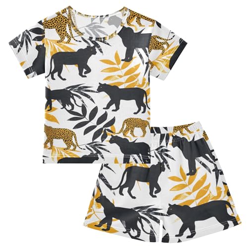 ALAZA Leopard Palm Leaf Tree Pajamas Short Sleeve 2 Piece Sleepwear Top and Bottom Pajama Set Unisex