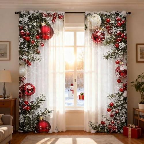 Christmas Ball Holiday Printed Curtains 2 Pieces 2D Flat Printed Red Luxury Xmas Print Curtains with Snowflakes and Pine Branches Various Sizes for Bedroom Living Room Holiday Party Decor (A_39)