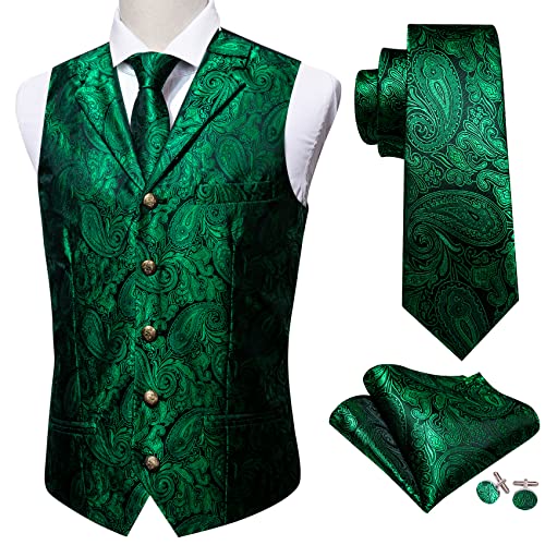 Image of Barry.Wang Mens Suit Vest Emerald Green Paisley Silk Jacquard Waistcot Ties Set Formal /Leisure 5PCS