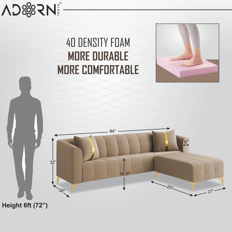 Image of Adorn India Premium Mystic - 3 Years Warranty - L Shape 5 Seater Sofa Set Velvet Suede Fabric - Beige