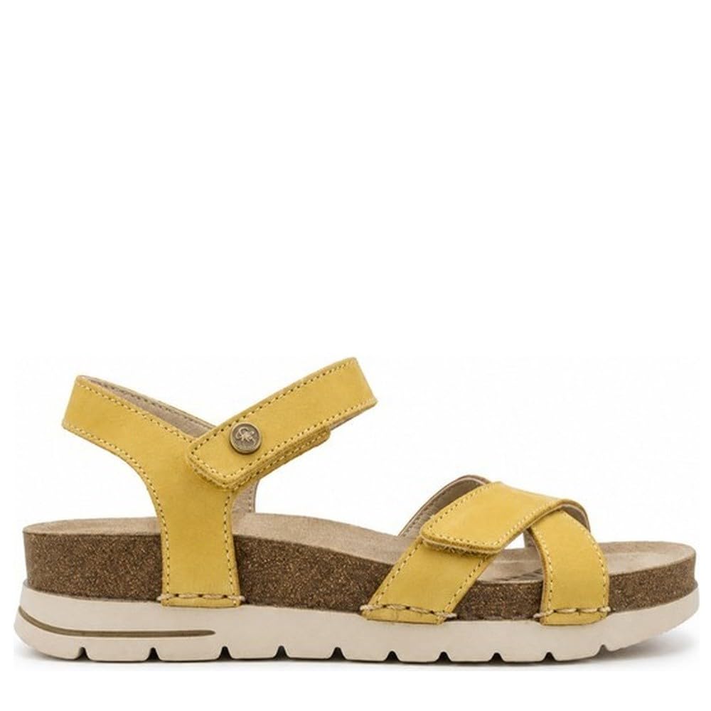 WALK & FLY 8352-50890 PIEL AMARILLO. Sandalia de piel, cuña 3,5 cm, plantilla acolchada y forro, cierre de gancho y bucle ajustable, suela poliuretano ligera y antideslizante.