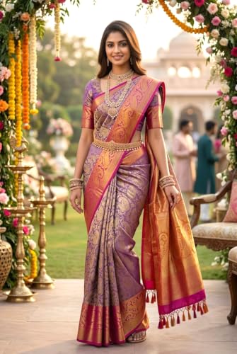 Image of VFCollections Women's Kanchipuram Silk Pure Pattu Sarees With Blouse