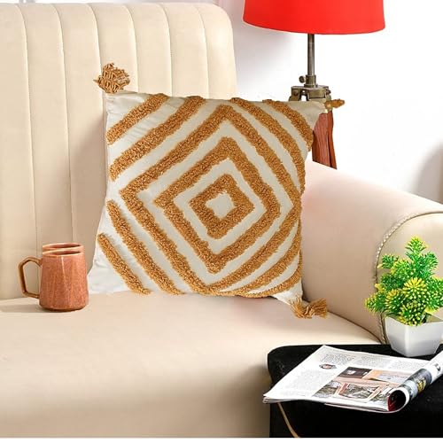 Image of Tarantaran Tufted Decorative Throw Pillow Cover, Blue and White Geometric Pattern with Tassels, 40.6 x 40.6 cm, Modern Square Pack of 2 (Yellow Diamond)