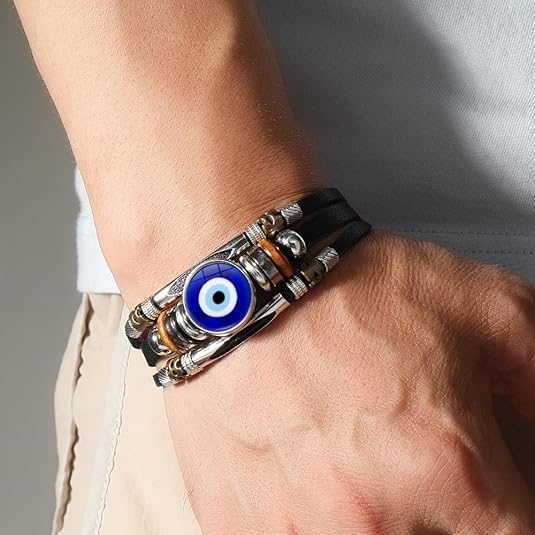 Evil Eye Leather Bracelet 2PCS, Three-Row Beads Charms Bracelet, Multi-Layer Wristband Wrap Protection Jewelry 6