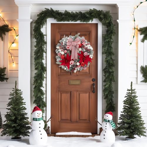 GarveeHome 24" Pre-Lit Christmas Wreath for Front Door, Large Artificial Christmas Wreath, Battery Operated Lighted Xmas Wreath for Door Window Indoor Outside Xmas Home Decor, Red and White
