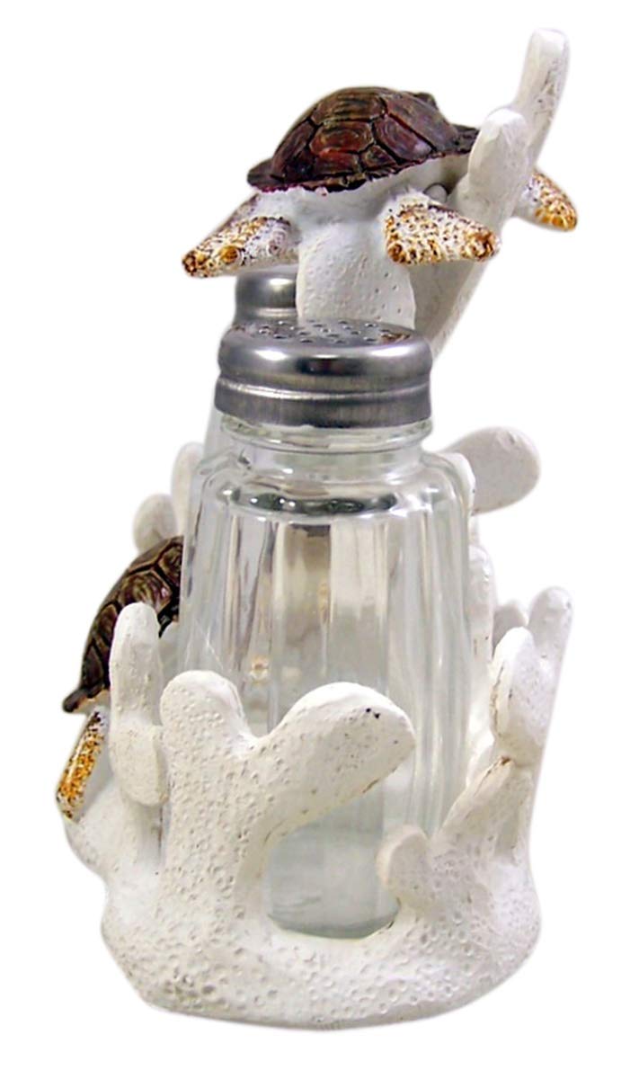 Tortuga de mar de resina fundida con soporte para salero y pimentero de coral con dos agitadores, 6 1/4 pulgadas