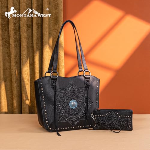 Image of Montana West Western Tooling Tote Bag with Wallet Set for Women Vintage Studded Top Handle Shoulder Handbag