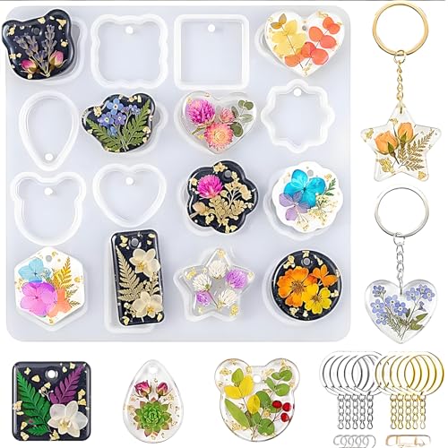 GYBOHO Resin Keychain Molds Silicone with Hole 16 Cavities Resin Molds Silicone Keychain Making Kit Epoxy Resin Molds for Keychains Jewelry Pendant