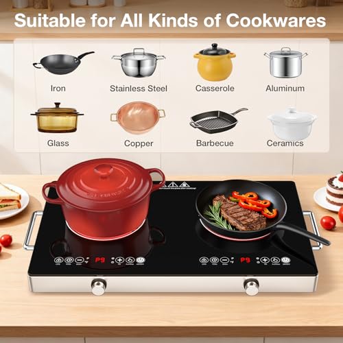 Image of 2400W Electric Cooktop: 24 inch Electric Stove 2 Burner Hot Plate Double Burner, Knob Control Countertop & Built-in, 9 Power Levels, Child Lock, Timer, Suitable for All Pans
