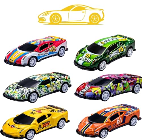 Image of 6-Pack Die Cast Metal Pull Back Toy Cars for Kids, Mini Sports Racing Car Set with Colorful Graphic Design, Friction Powered Alloy Vehicles for Boys & Girls, Ages 3+