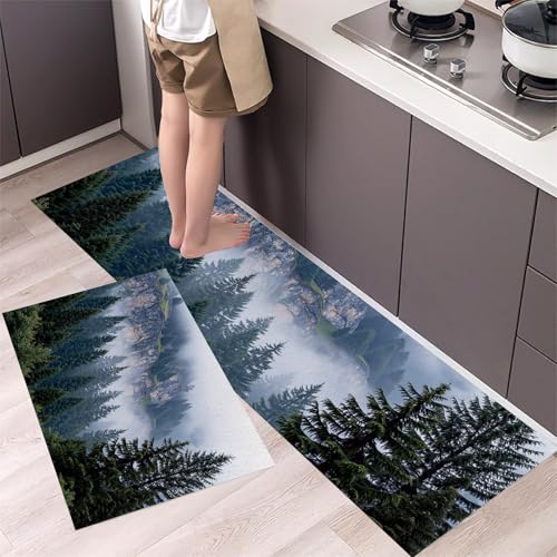 Alfombra de cocina antideslizante de dos piezas con diseño lavable de bosque 2