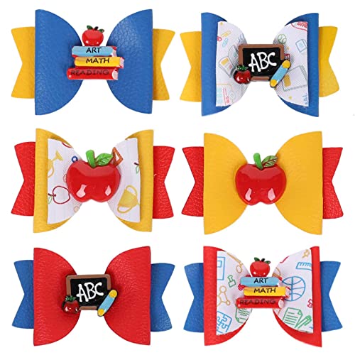 Image of Whaline 6Pcs Back to School Bow Hair Clips Apples Book Blackboard Hair Bow Barrette Colorful Pu Leather Hairgrips for First Day of School Classroom Girls Students Hairs Accessories Kindergarten