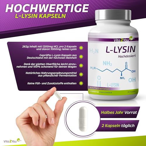 Vita2You L-Lysin 1200mg - 365 Kapseln - 1000mg reines Lysin pro Tagesdosis - ohne Zusätze - hochdosiert - Premium Qualität – Bild 3