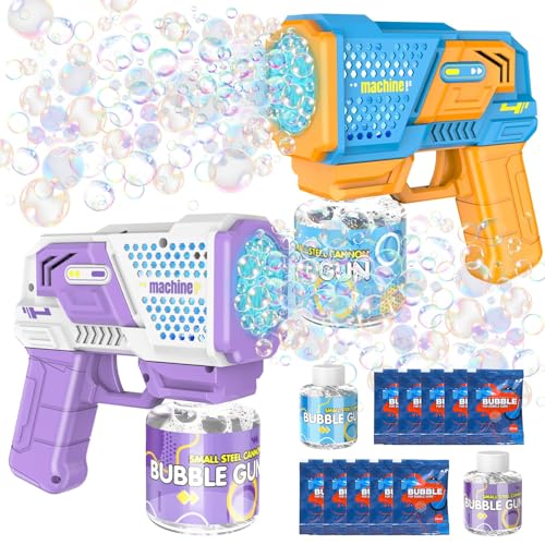 Hapitoys 2 Pack Bubble Gun with LED Light Bubble Machine for Kids with 2 Bottles 10 Bags Refill Solution 5000+ Bubbles Per Minute 360 No Leak Automatic Bubble Blower (Blue+Purple)