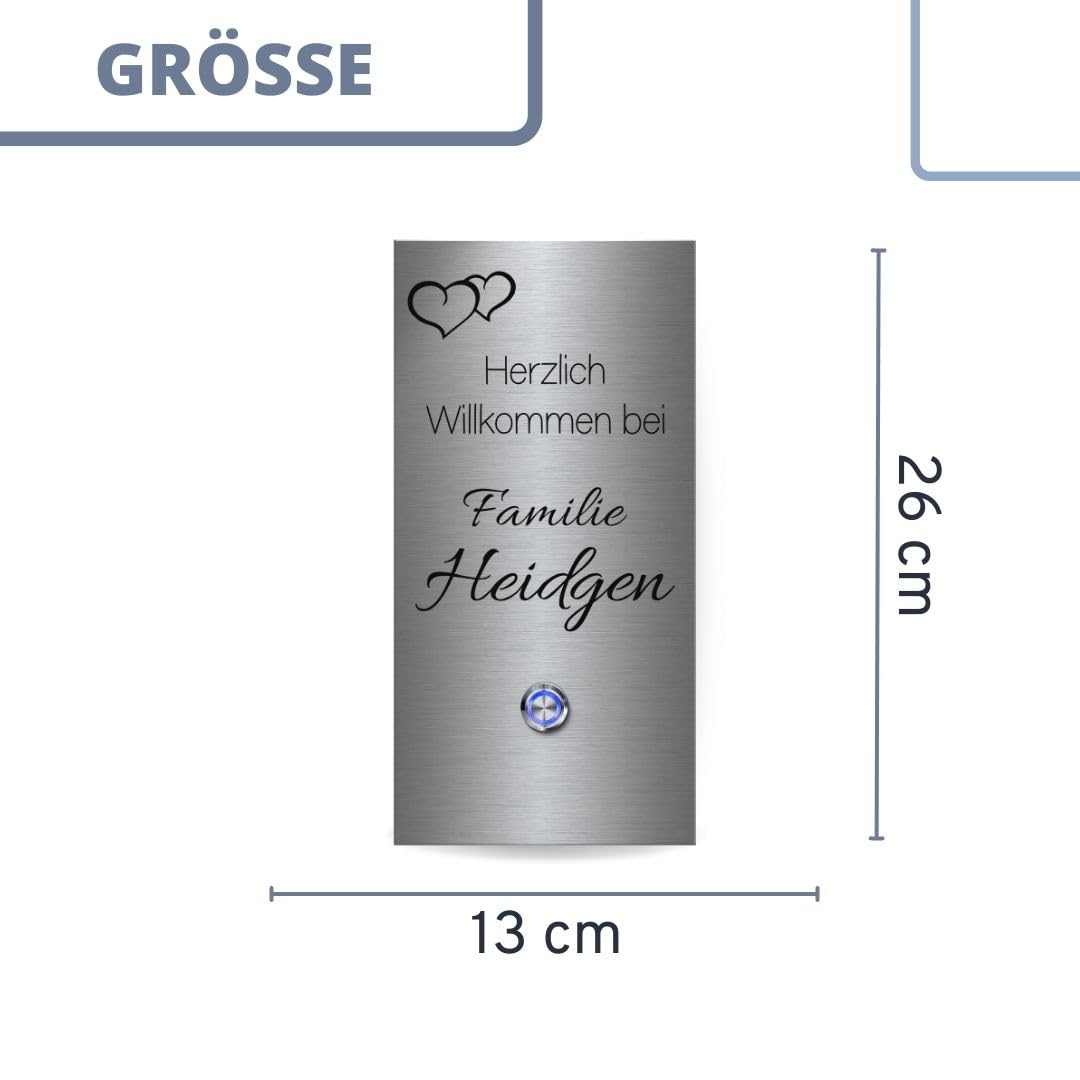 CHRISCK design - Edelstahl Türklingel mit personalisierter Gravur und Motiv - Klingel Modell Heidgen 13x26cm | Optional beleuchteter Taster