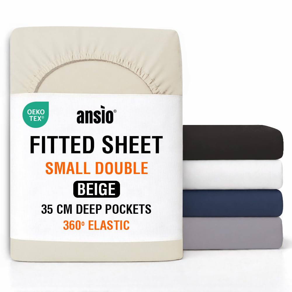 ANSIO® Small Double Fitted Sheet Soft Brushed Microfibre Fabric – Extra Deep Pocket 35cm – All-Around Elastic – OEKO-TEX Certified – Easy Care & Naturally Smooth After Wash - Beige