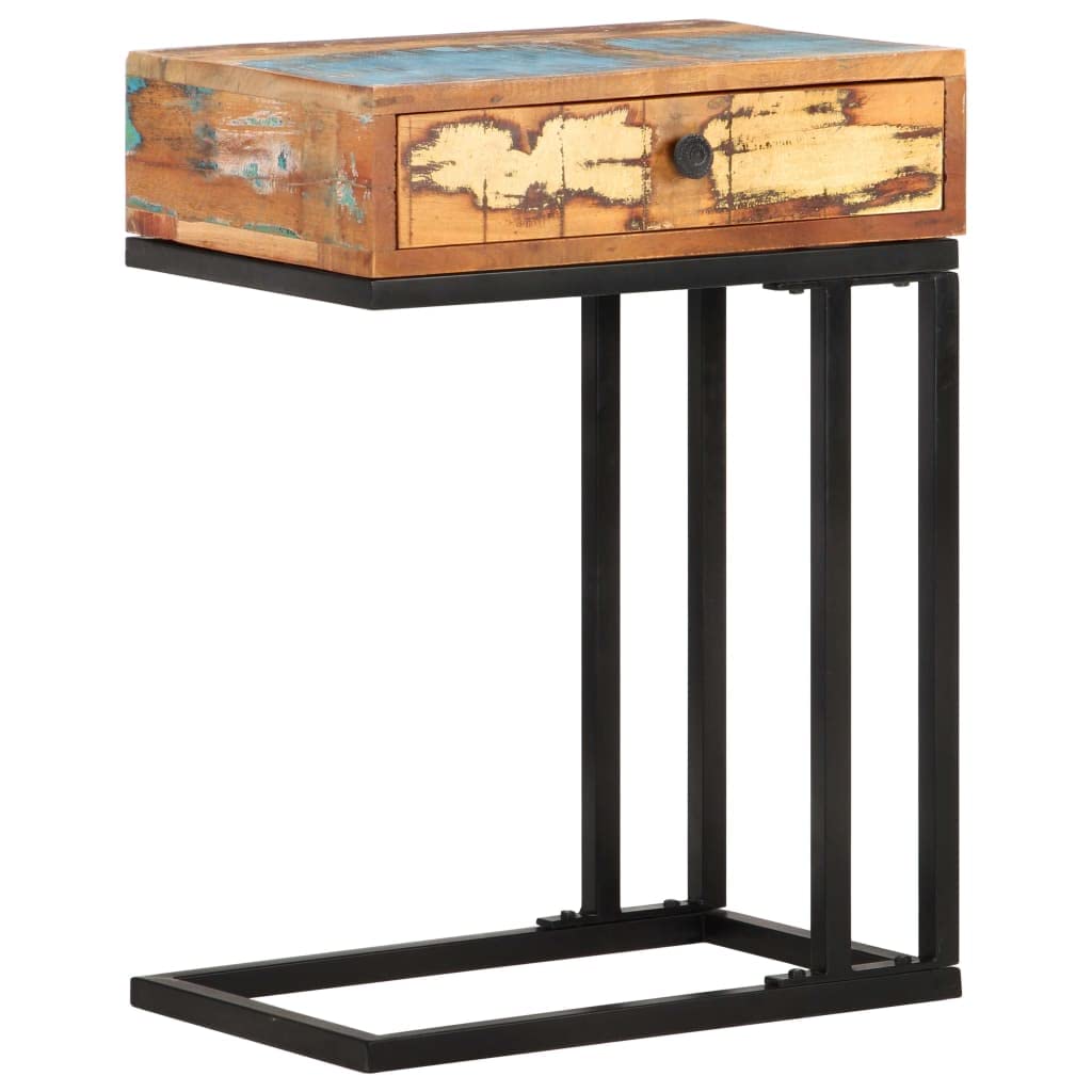 SXZenSpace U-Shaped Side Table Reclaimed Wood 45x30x61 cm Modern Industrial Bedside or Sofa Accent Piece with Drawer for Living Room Bedroom and Corridor
