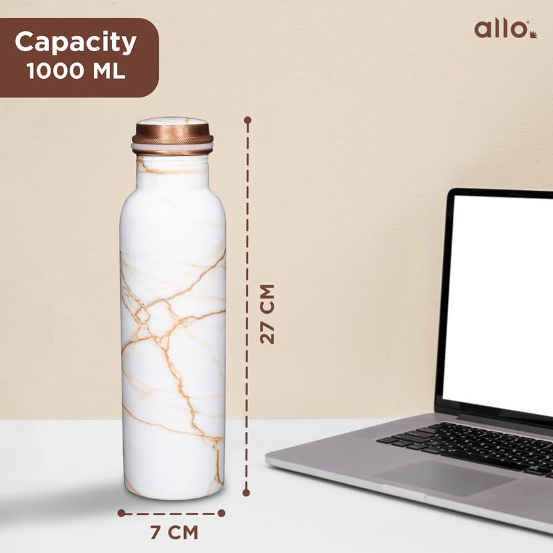 Image of Allo Pure Copper Water Bottle 1 Litre Copper Bottle | Alkaline and Anti Oxidant | 100% Leak Proof, Office, Gym Bottle, Modern Tamba Bottle for Adults, Best Gift for Diwali (White Golden Marble)