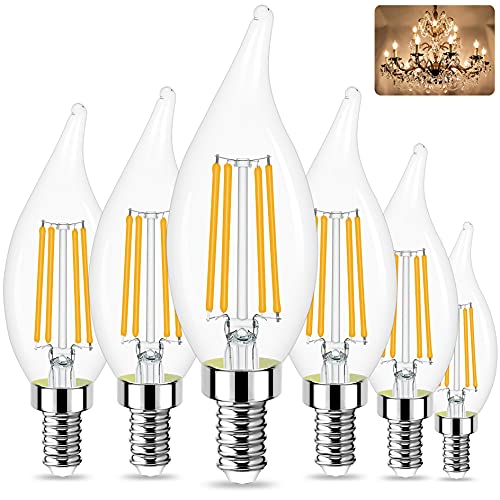 Sailstar E12 LED Candelabra Bulbs Dimmable 60 Watt Equivalent 3000K Warm White Chandelier Light Bulbs 4W Filament Candle LED Bulbs Flame Tip 500 Lumen Pack of 6