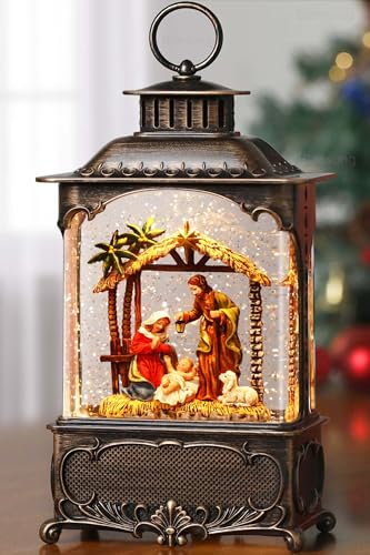 Blansong Nativity Snow Globe Lantern Christmas Decorations Gifts Auto Snowfall Glitter Music Collection Manger Sheep Pen Nativity Scene with 6H Timer USB/Battery Powered 10.2 inch