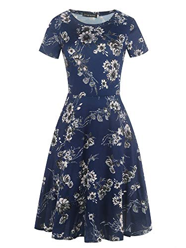 Image of oxiuly Women Casual Dress Round Neck Soft Cotton Floral A-Line Midi Summer Dresses with Pockets OX262